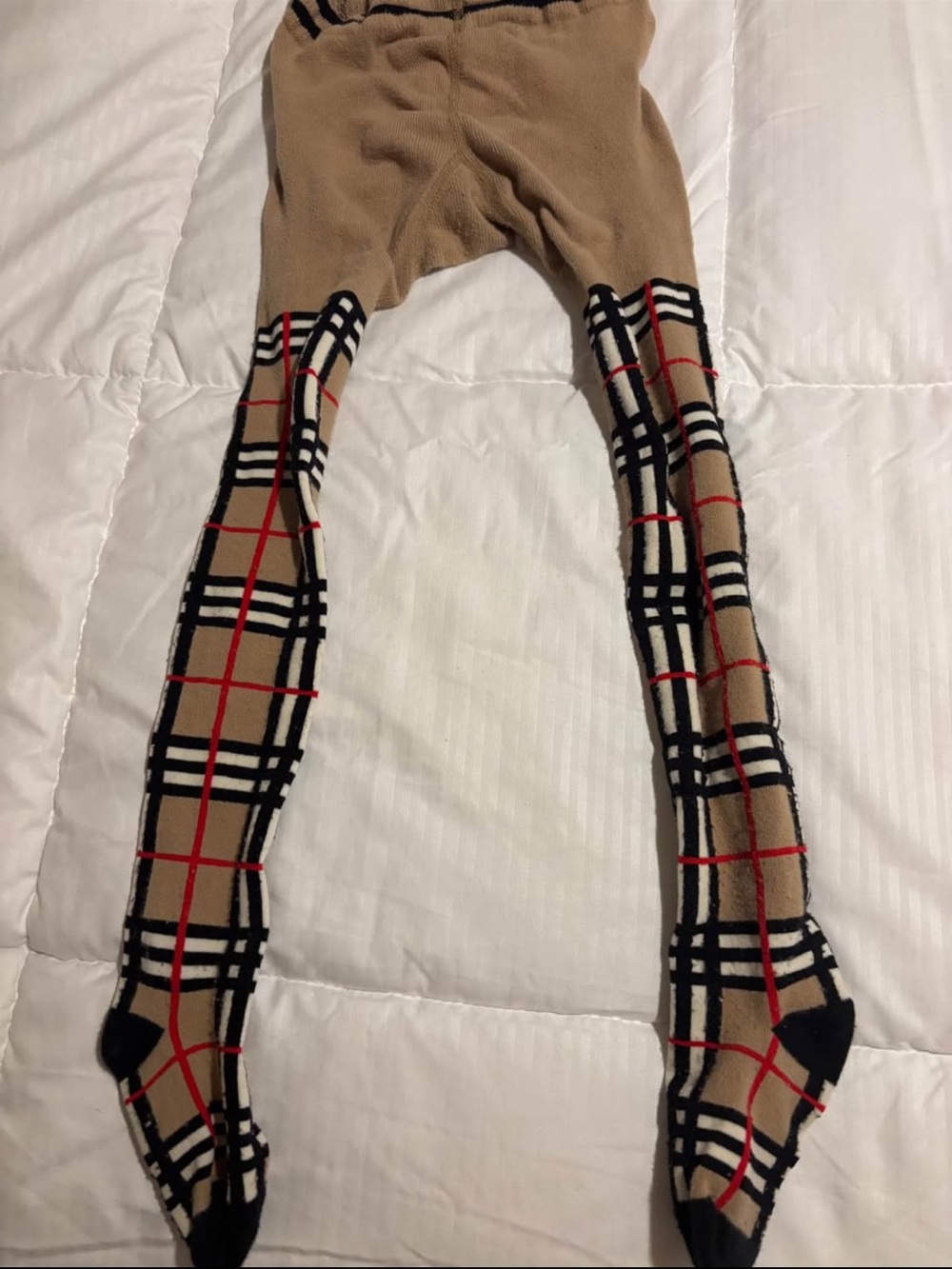 Burberry Tan Plaid Tights with Black and Red Trim